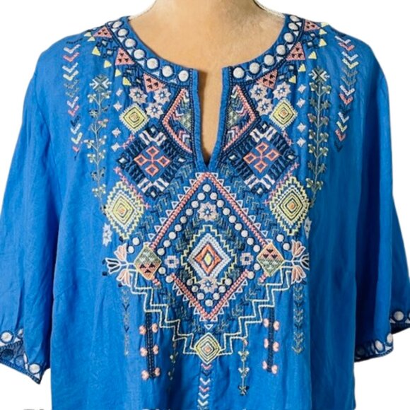 Johnny Was Embroidered Relaxed Short Sleeve Tunic Dress Ramie/Cotton XL - Picture 1 of 8
